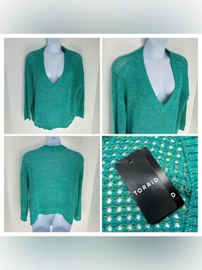 Torrid NWT Open Stitch V Neck Long Sleeve Pull Over Sweater Size 1X Jade Lime